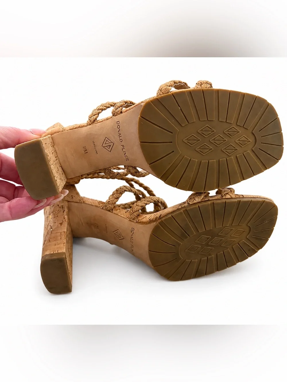 Donald J. Pliner Tan Braided Cork Block Heel Sandals